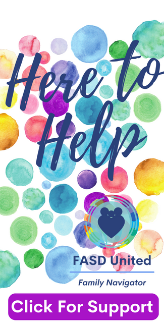"Here to Help" on a multi color polka dot background with the FASD United Family Navigator Logo and the words "Click For Support"