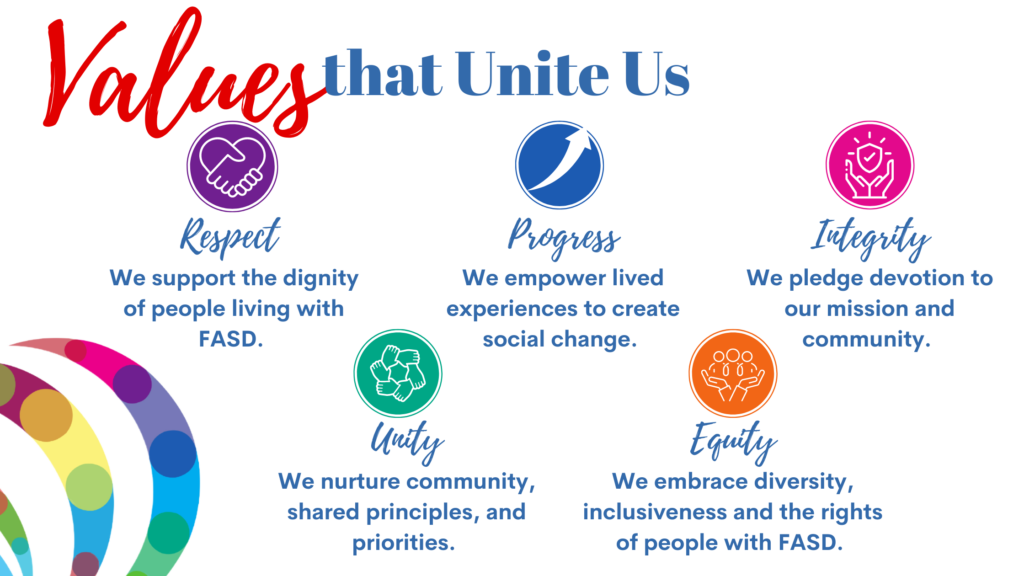 Values that United Us.
Respect - We support the dignity of people living with FASD.  
Progress - We empower lived experiences to create social change.
Integrity - we pledge devotion to our mission and community.
Unity-We nurture community, shared principles, and priorities.
Equity- We embrace diversity, inclusiveness, and the rights of people with FASD.