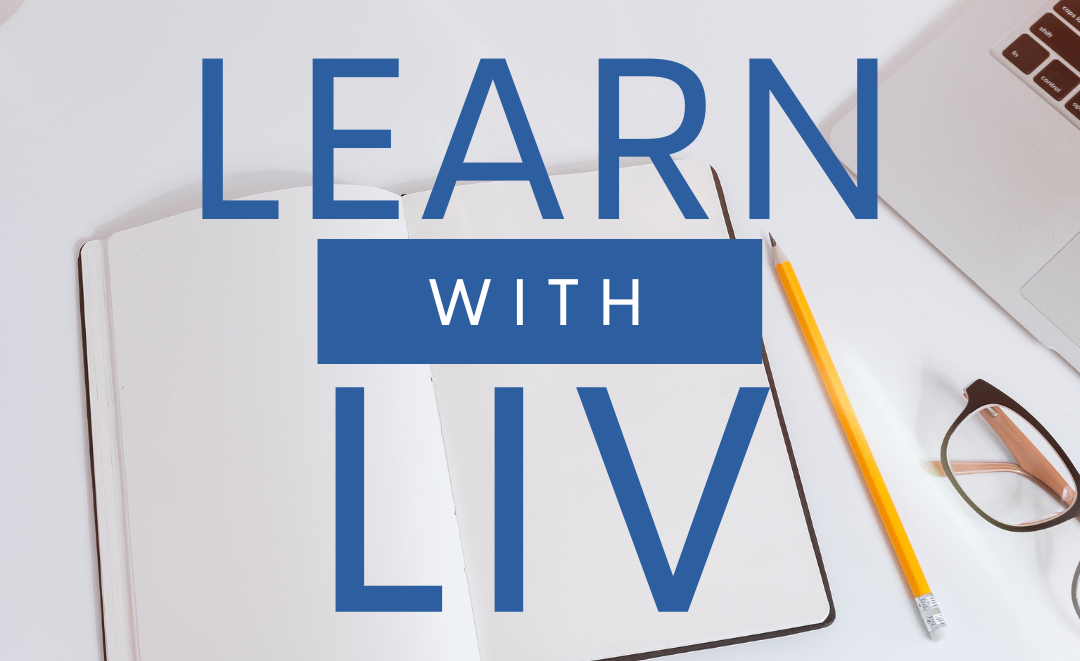 "Learn with Liv" is in blue, with a notebook, pencil, glasses, and part of a laptop behind it. The FASD United logo is in the corner of the image.