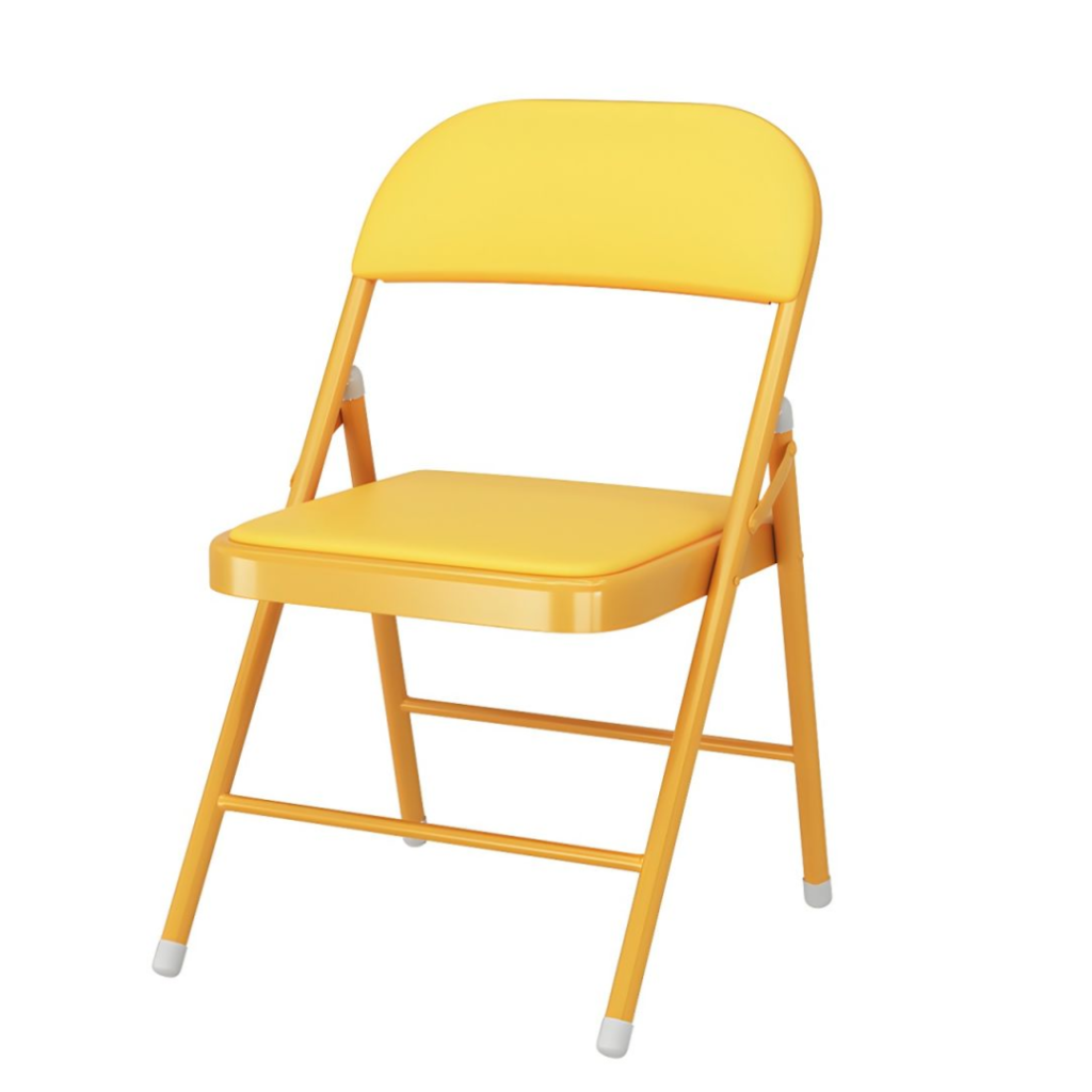 Image Description: A mustard yellow folding chair with a white background